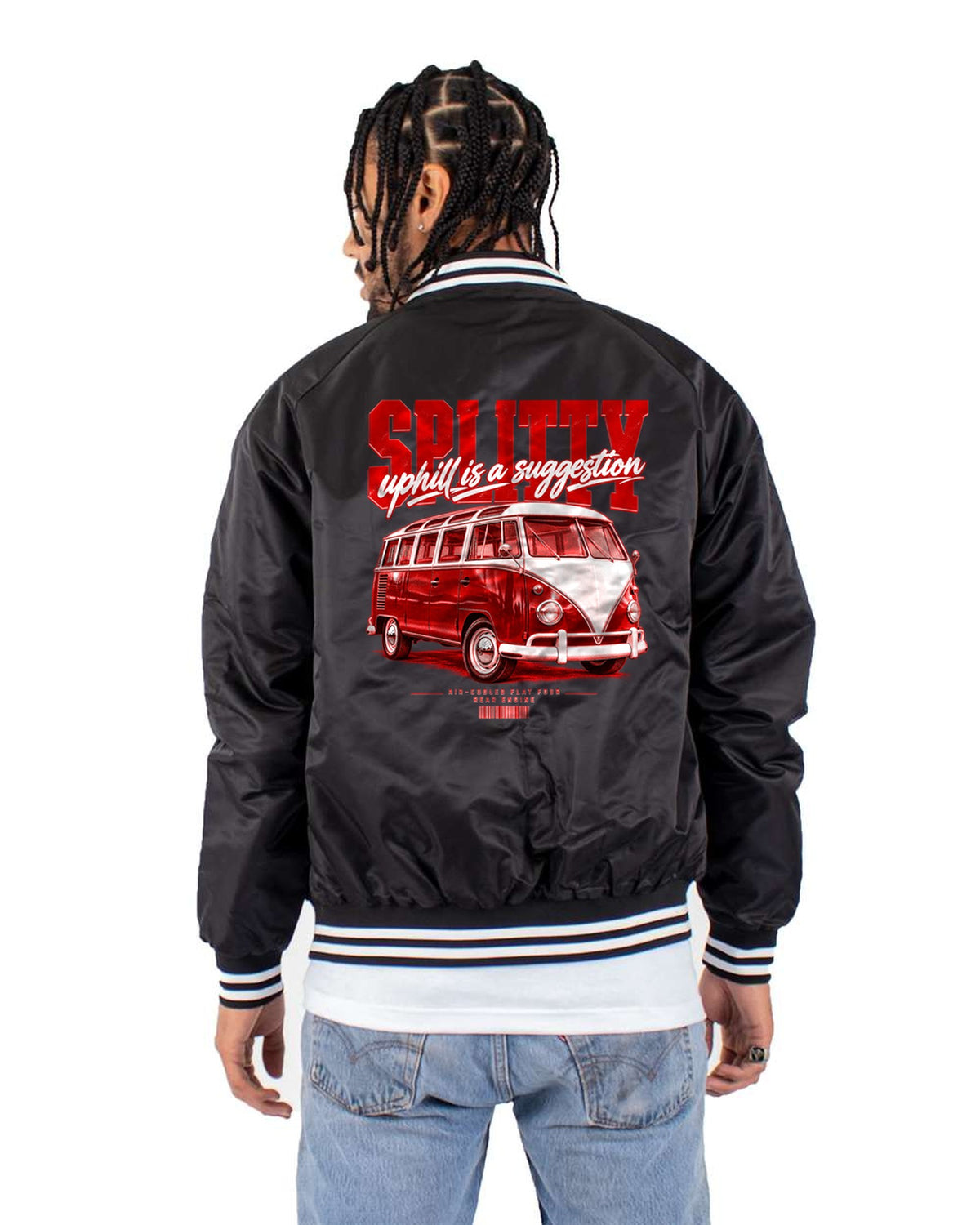 VW T1 Split-Window Bus 1963 Street Poster Tee, Splitty Gift Bomber Jacket Black back