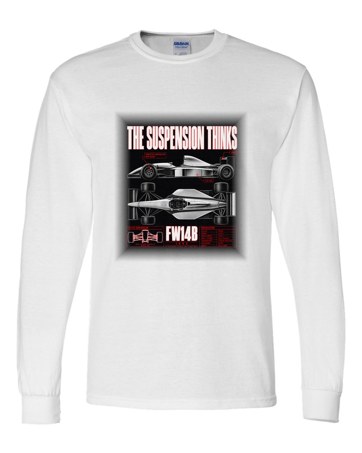 Williams FW14B spec poster print with active ride and V10 text white long sleeve front view with the design