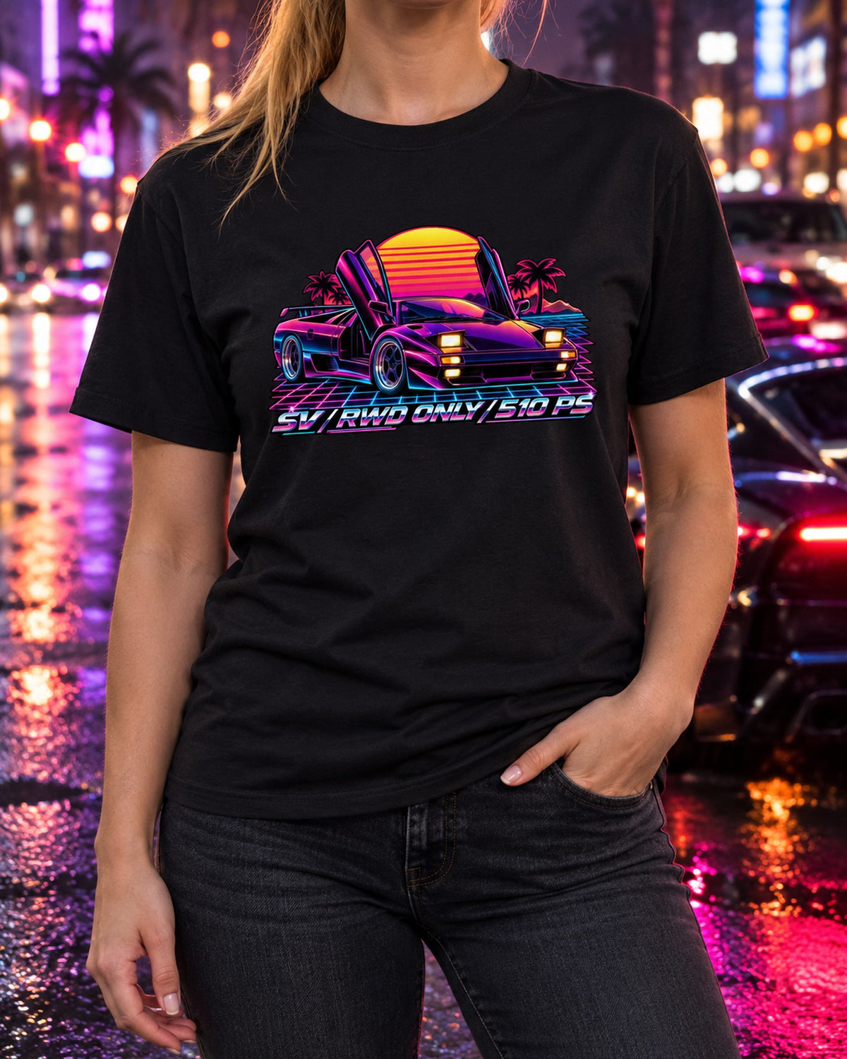 Diablo SV Synthwave Shirt, Lamborghini RWD Only Car Tee T-Shirt Black worn hero