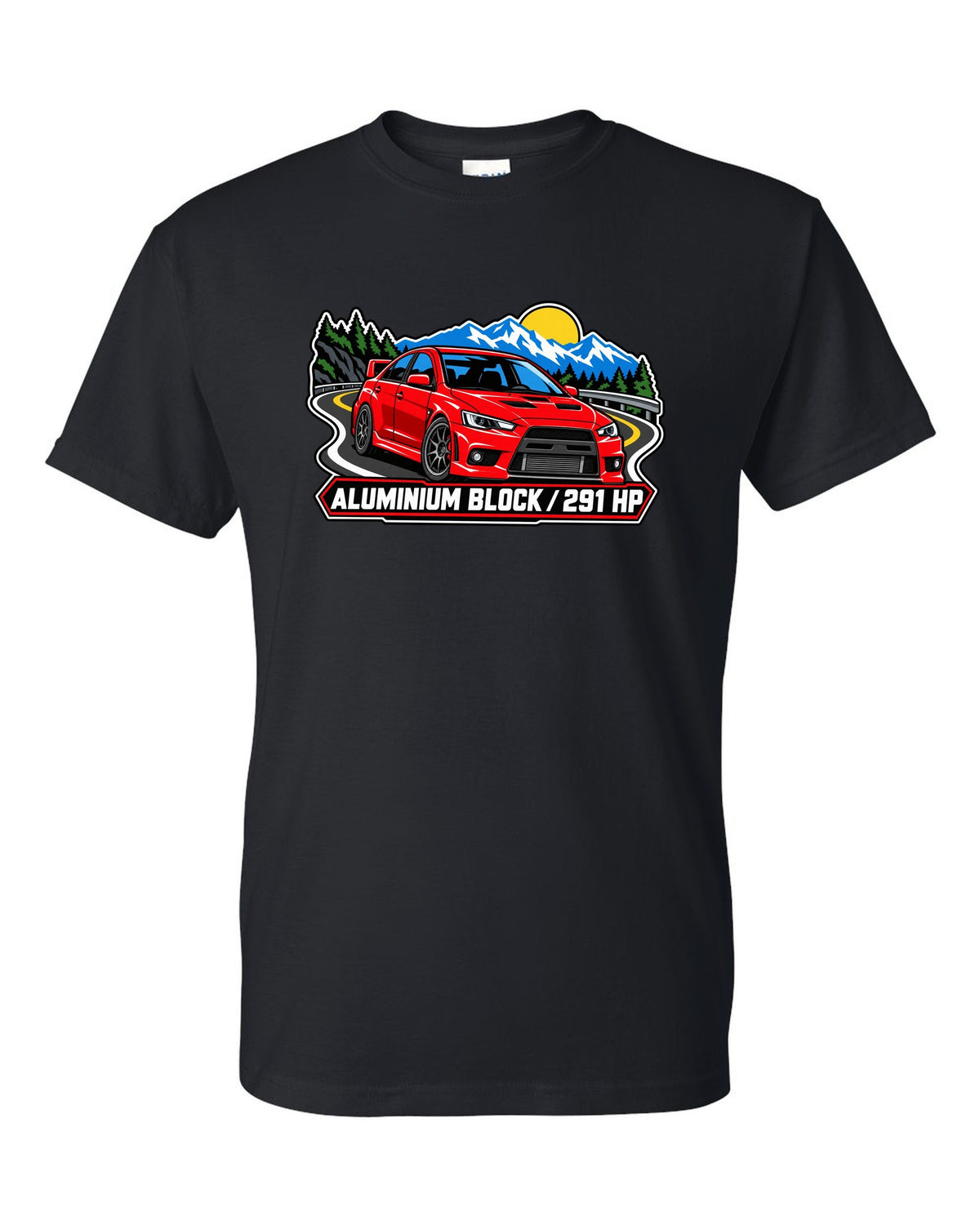 Bold three-colour screen-print style print of an airborne Mitsubishi Evo X CZ4A with all four left the ground text black t-shirt front view with the design