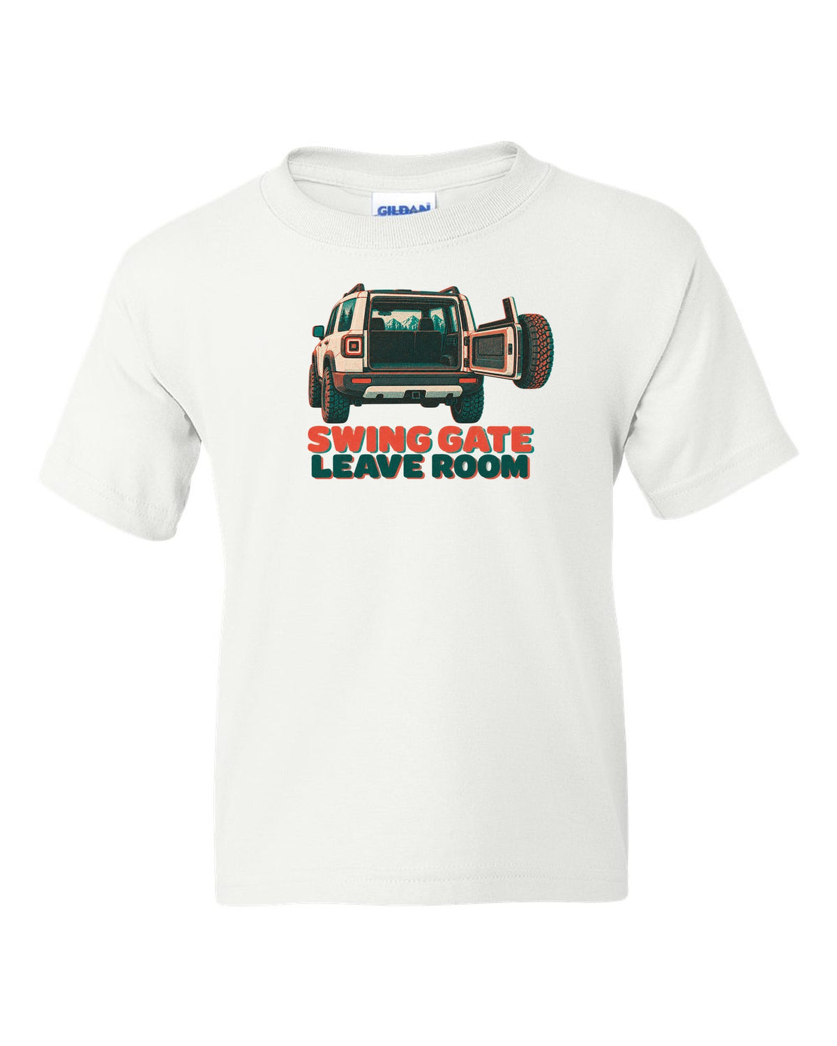 Risograph-style rear view of a Land Rover Defender L663 110 with spare wheel on the swing gate white kids tee front view with the design