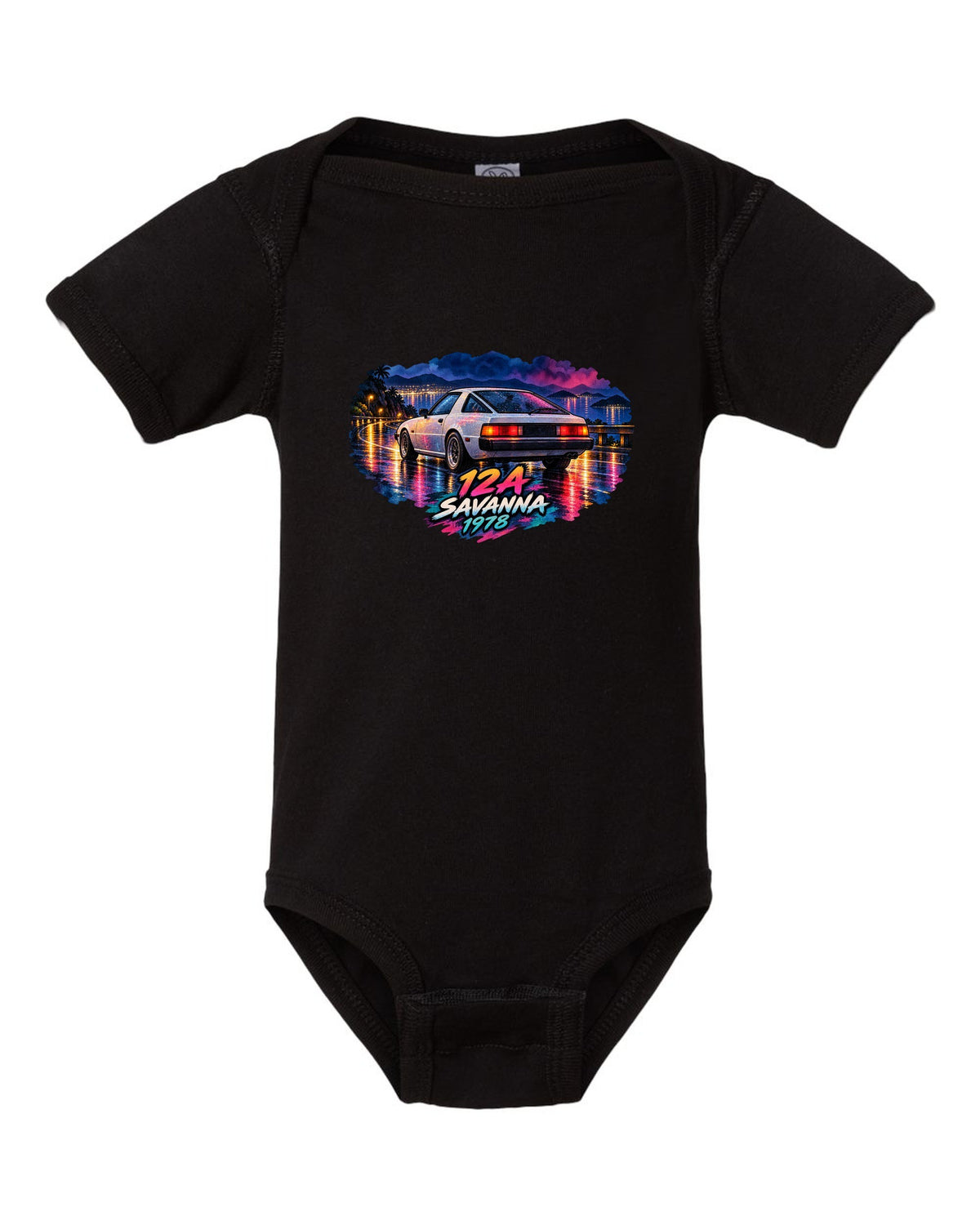 Watercolour wet road night print of a Mazda Savanna RX-7 SA22C with text 12A, Savanna, 1978 black baby onesie front view with the design