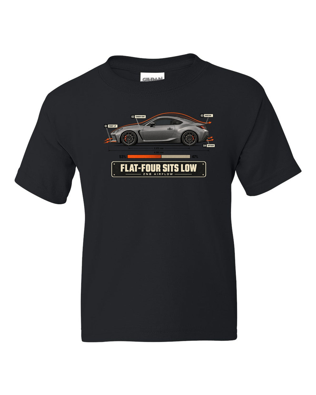 Cutaway-style airflow diagram of a Toyota GR86 ZN8 with callouts, poster-style print black kids tee front view with the design