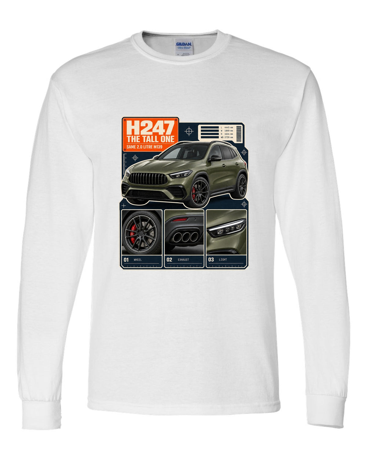 Mercedes-AMG GLA 45 S H247 dossier panel print white long sleeve front view with the design