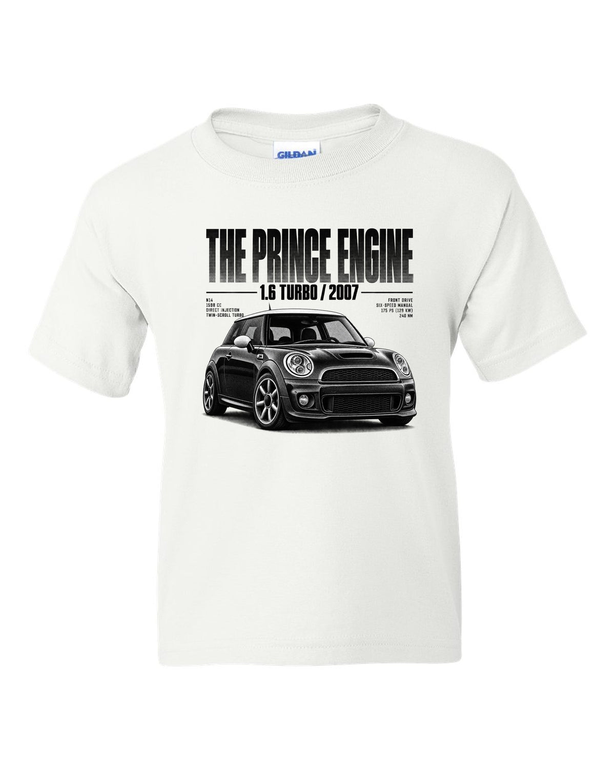 Halftone print of a Mini Cooper S R56 front three-quarter low angle with Prince engine text white kids tee front view with the design