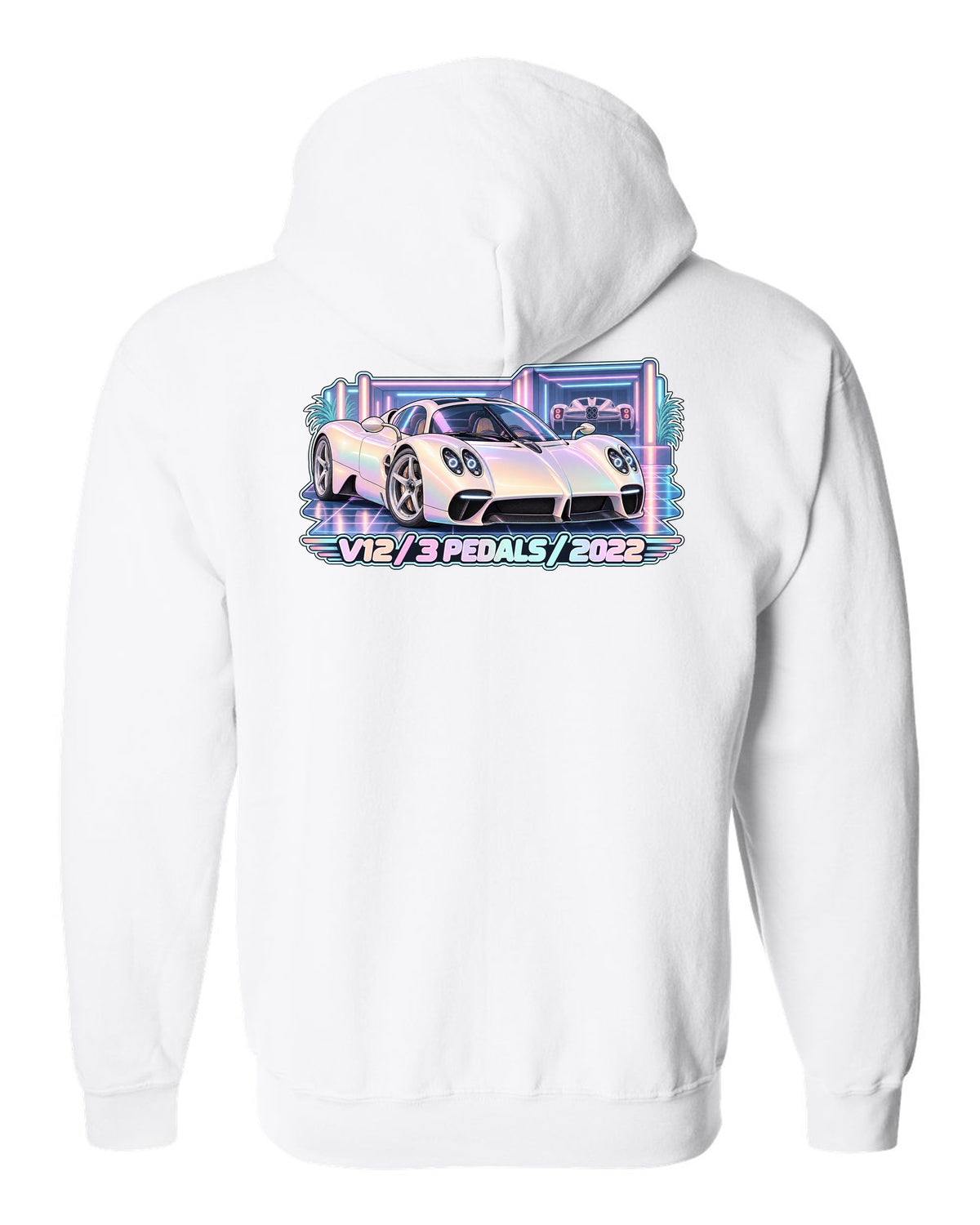 Pastel vaporwave garage illustration of a Pagani Utopia with V12 3 PEDALS 2022 lettering white zip hoodie back view with the design
