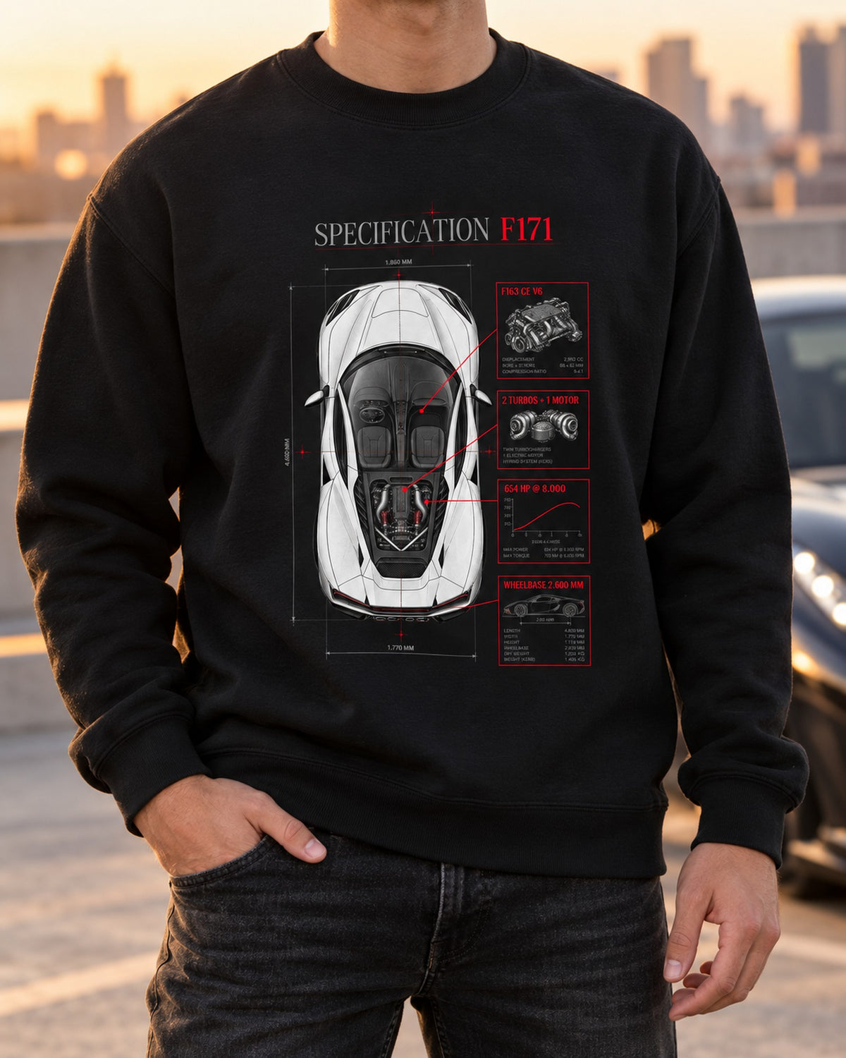 Ferrari 296 GTB F171 Top-Down Spec Poster Shirt Crewneck Black worn hero