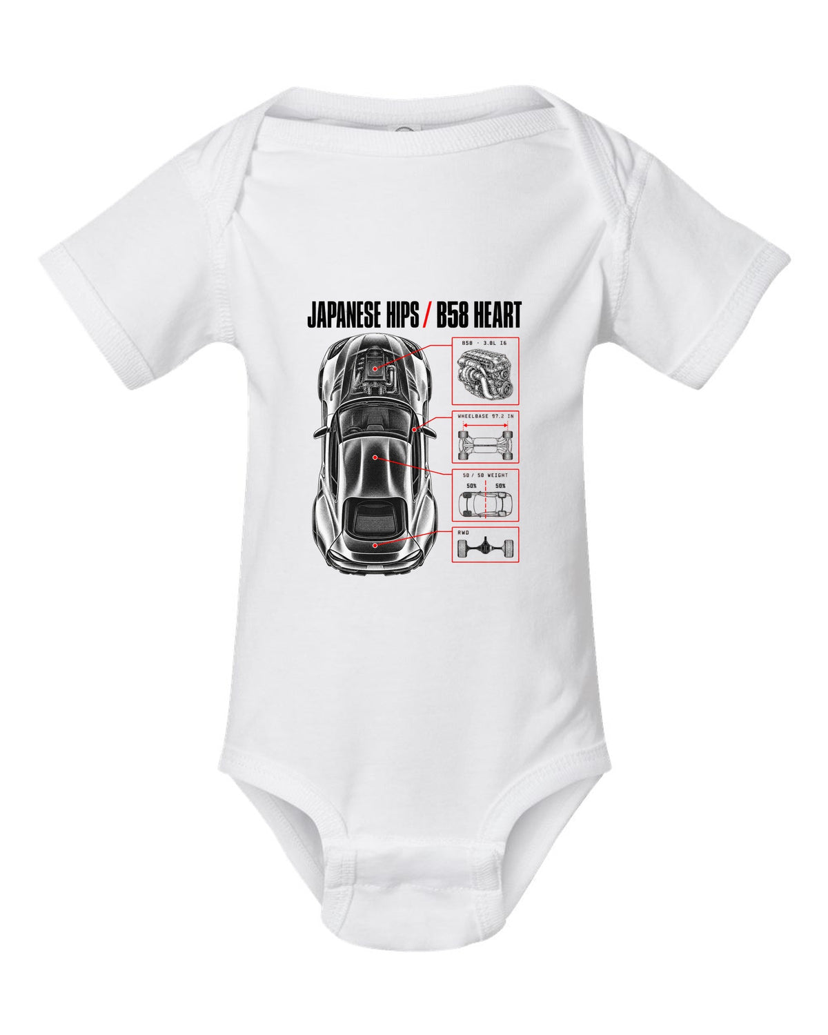Spec poster print of a Toyota GR Supra A90 with the text Japanese Hips B58 Heart white baby onesie front view with the design
