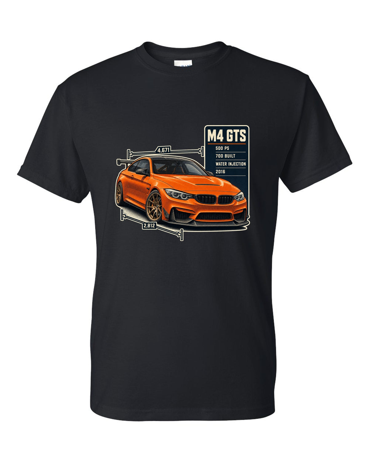 BMW M4 GTS F82 spec poster print design black t-shirt front view with the design
