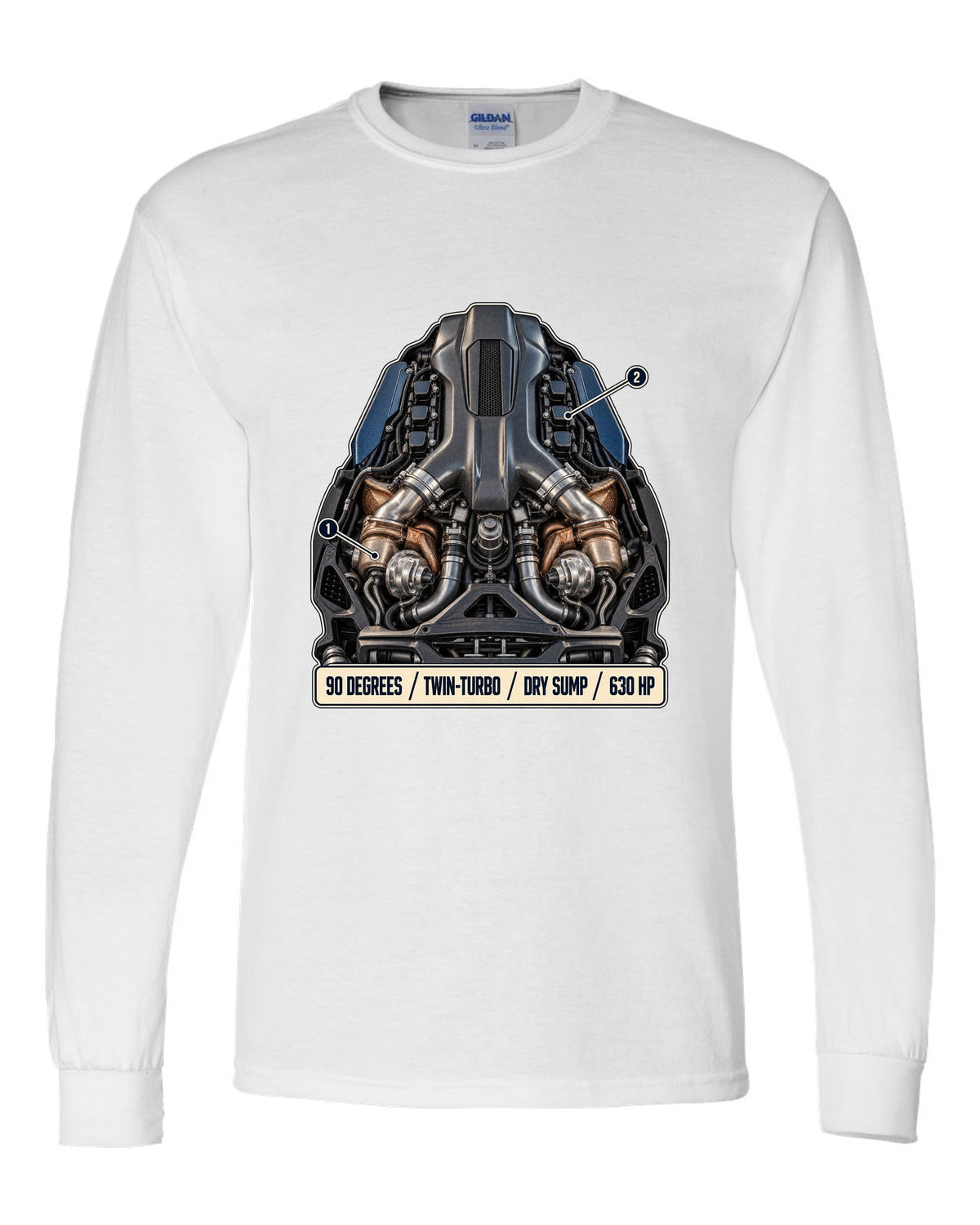 Maserati MC20 Nettuno V6 engine hero illustration, print white long sleeve front view with the design