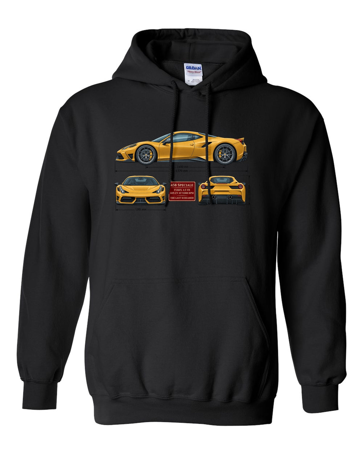 Three-view spec table print of the Ferrari 458 Speciale in ochre black pull over hoodie front view with the design