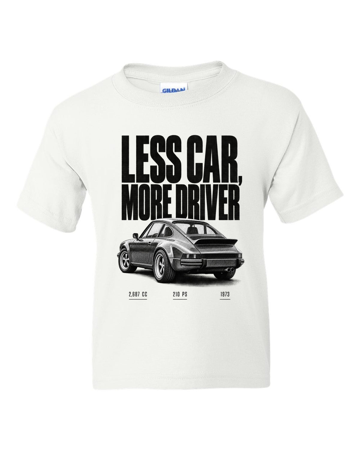 Halftone print of the 1973 Porsche 911 Carrera RS 2.7 with the line Less Car More Driver white kids tee front view with the design