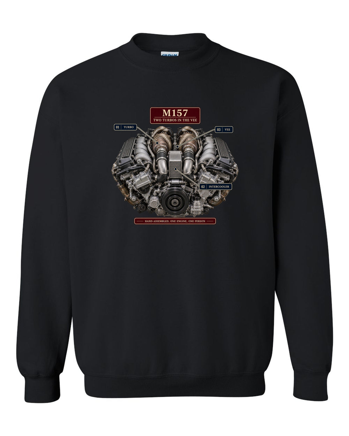Engine hero print of the Mercedes-AMG M157 5.5 biturbo V8 from the W212 E63 S black crewneck front view with the design
