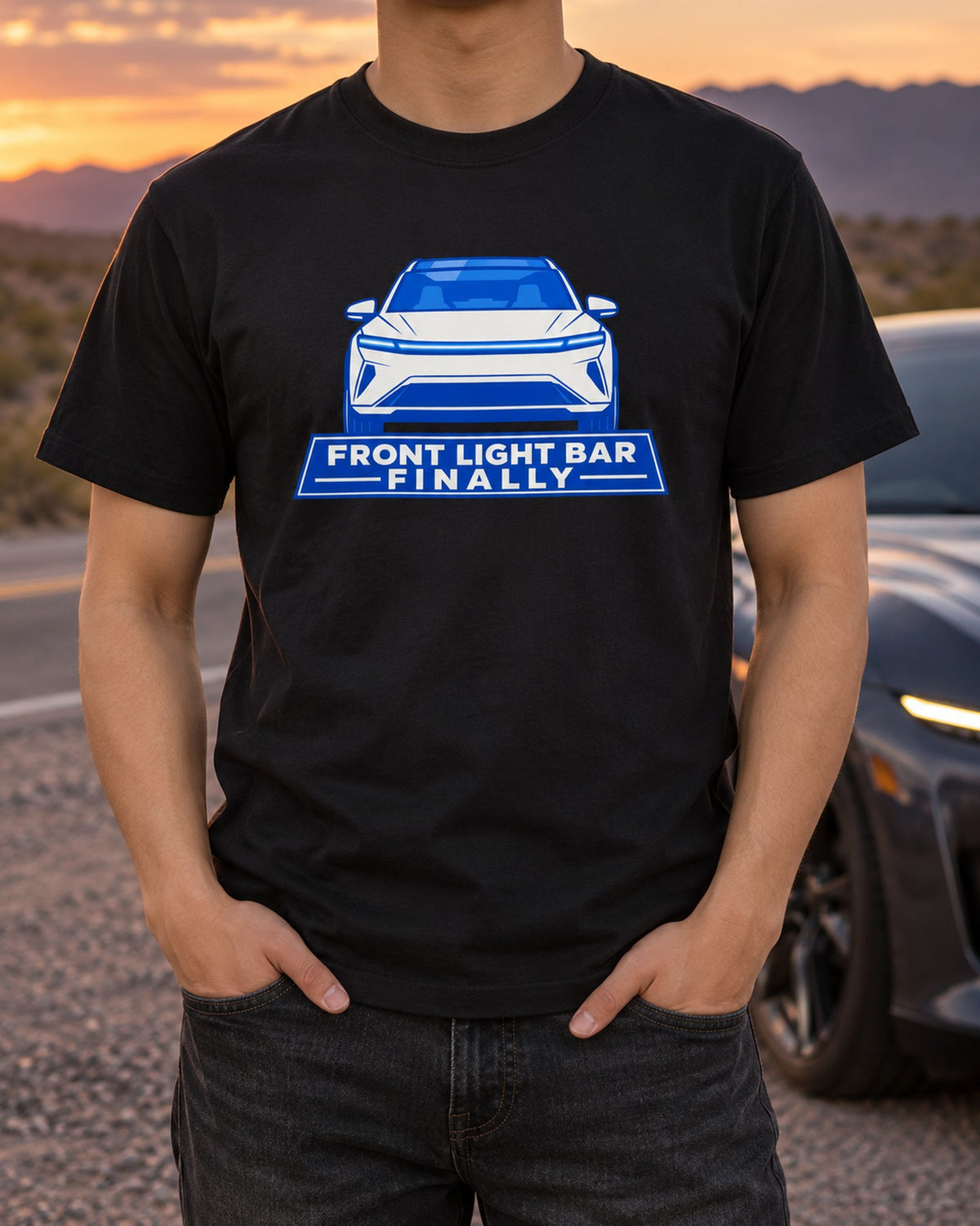 Juniper Light Bar Tee, Tesla Model Y 2025 Geometric Design T-Shirt Black worn hero