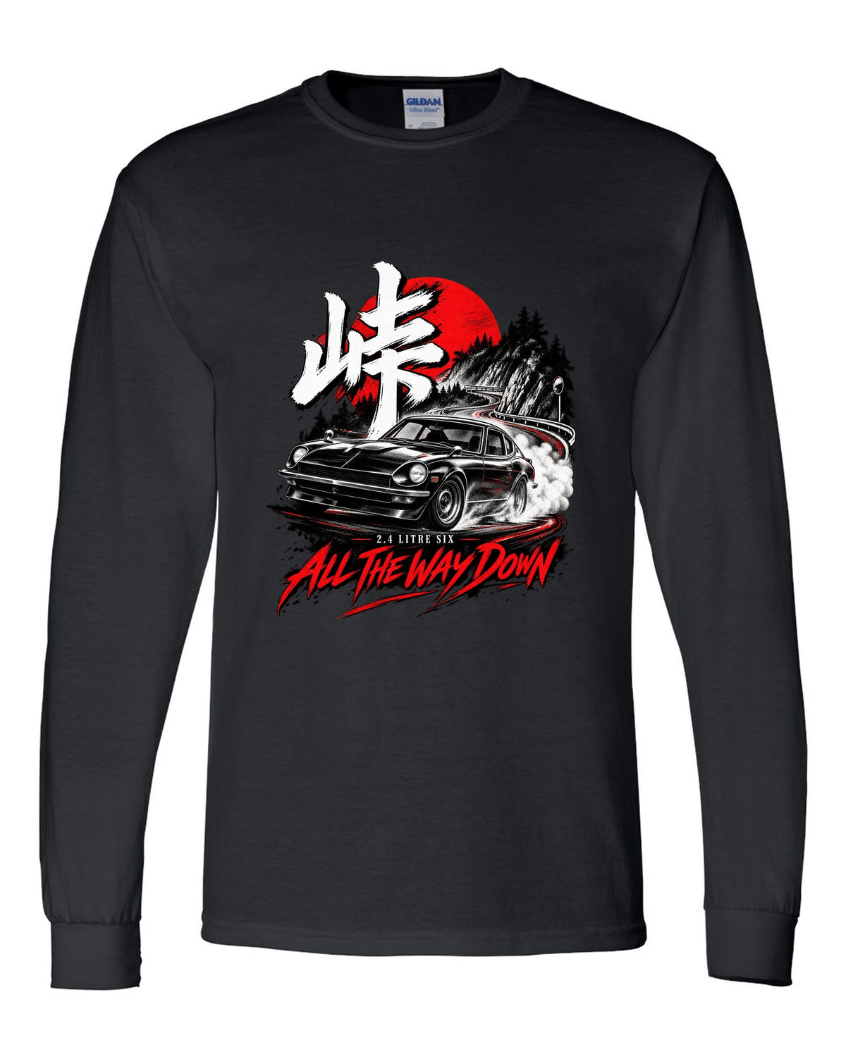 print of a 1971 Datsun 240Z HLS30 sliding downhill at night with touge kanji black long sleeve front view with the design