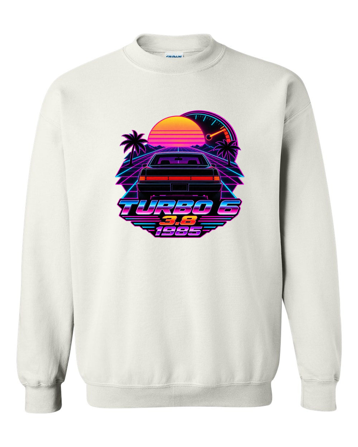1985 Buick Regal T-Type rear taillights in a synthwave outrun sunset white crewneck front view with the design