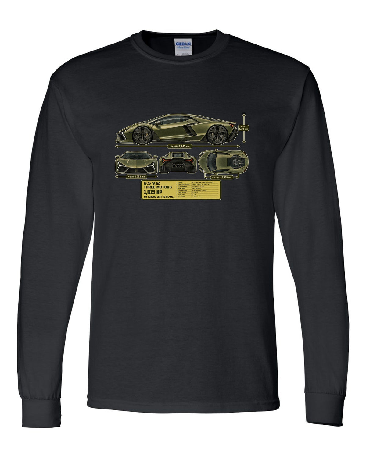 print dimension blueprint of a Lamborghini Revuelto in olive-grey black long sleeve front view with the design