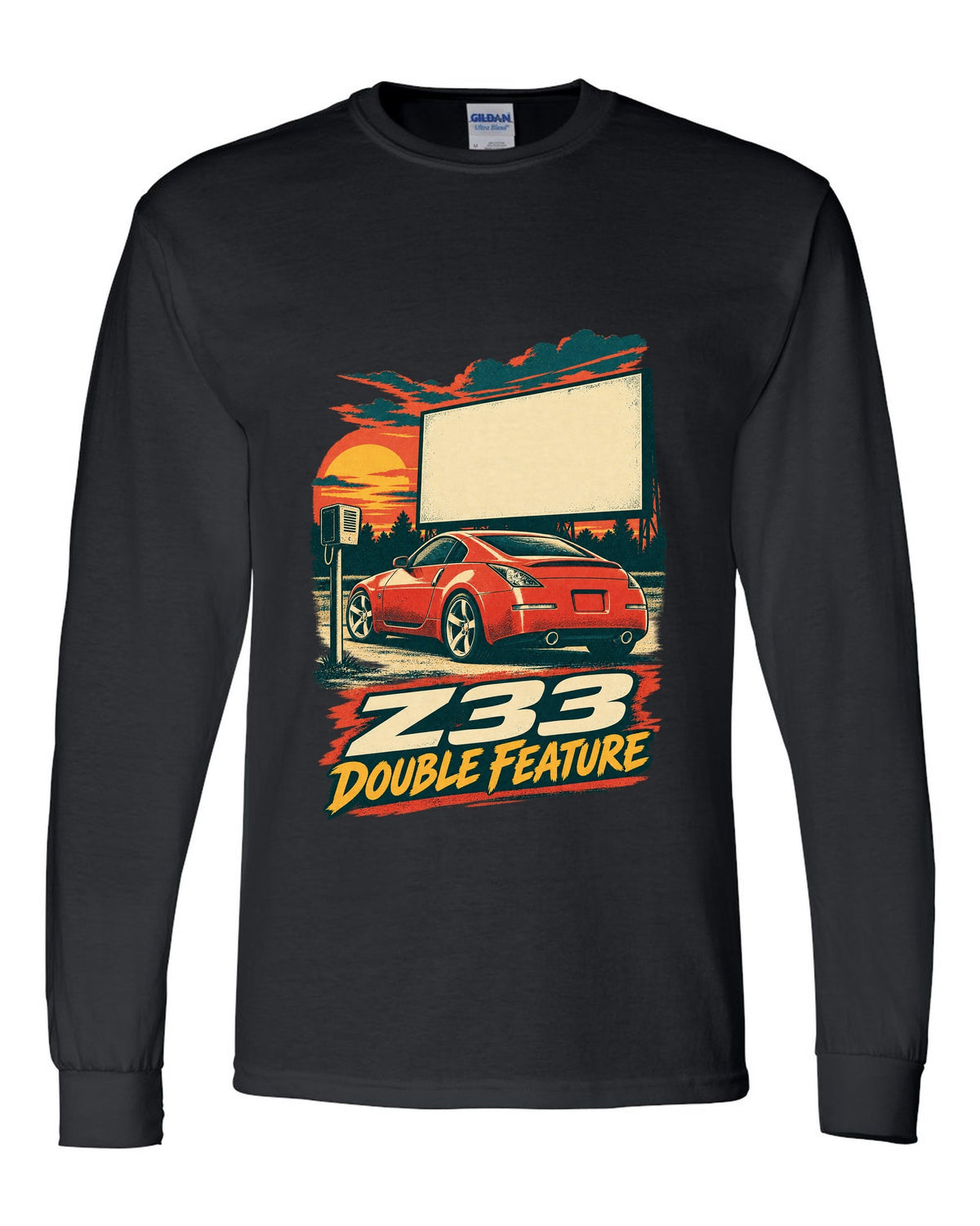 Vintage lithograph race poster print of a Nissan 350Z Z33 at a drive-in black long sleeve front view with the design