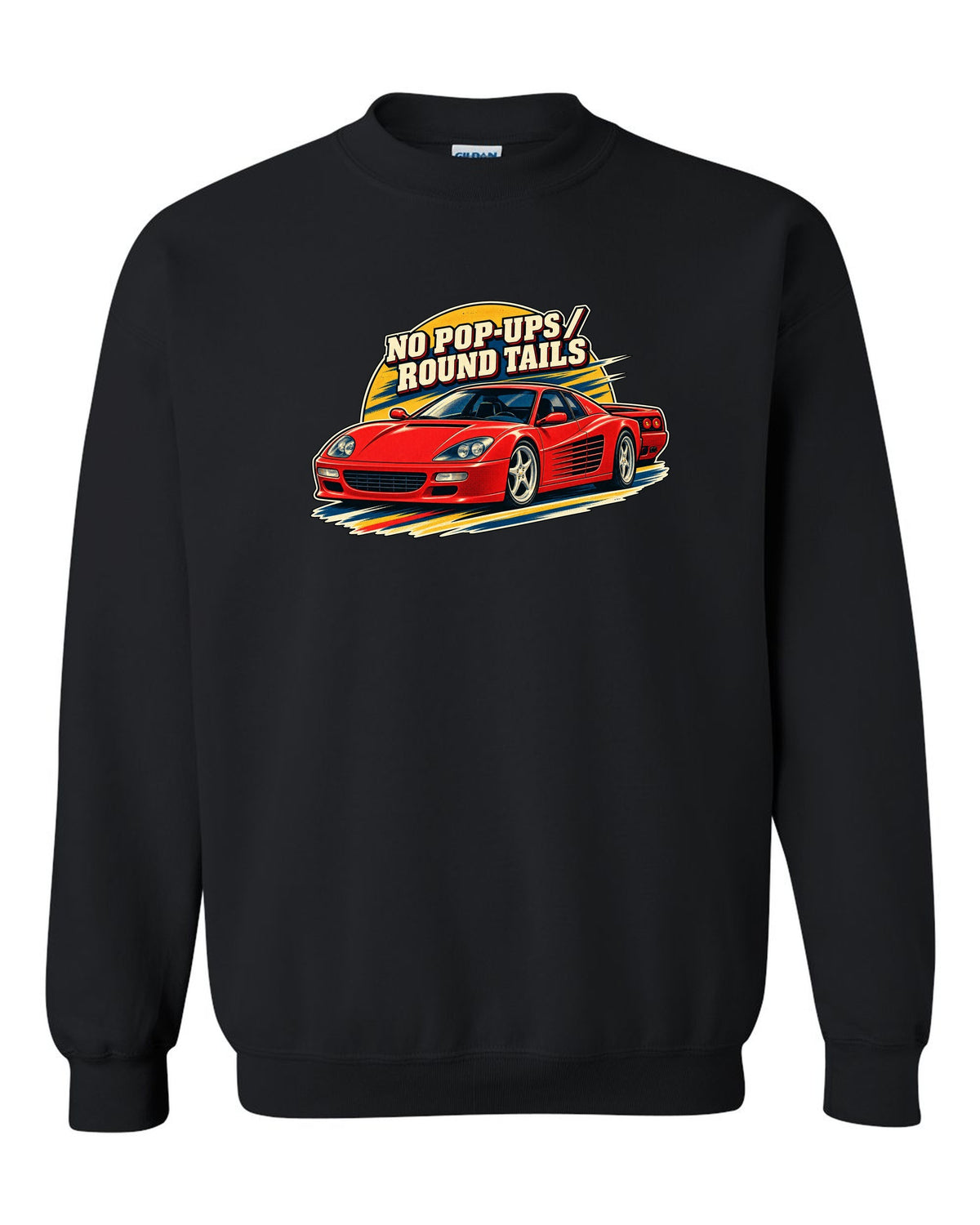Retro race programme illustration print of the Ferrari F512 M with the text no pop-ups, round tails black crewneck front view with the design