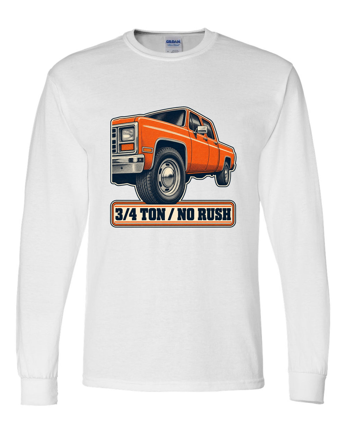 Retro halftone print of a steel wheel close-up on a 1973-87 Chevrolet C20 Squarebody with 3/4 ton lettering white long sleeve front view with the design