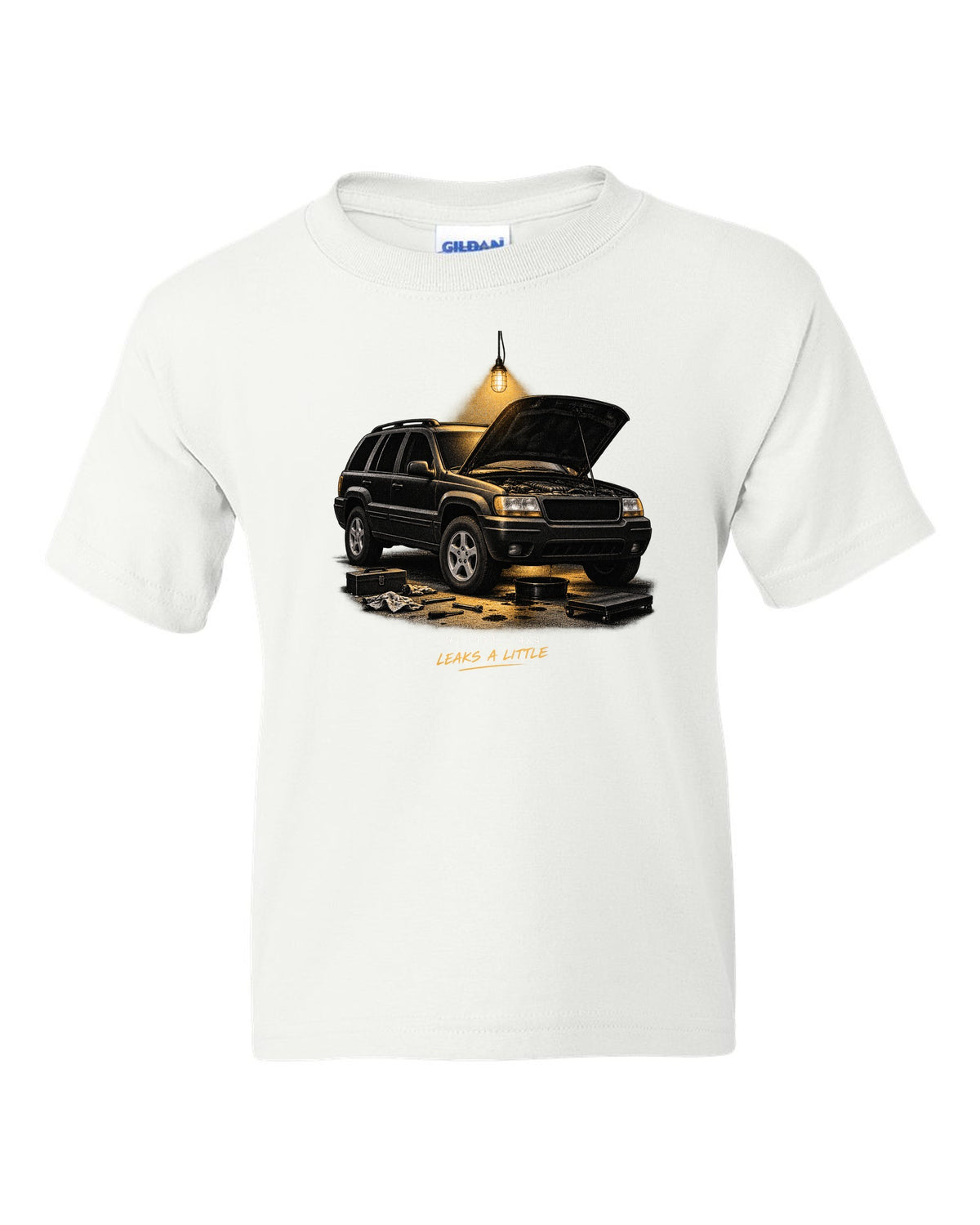 Jeep Grand Cherokee WJ in a night garage print with 1999 4x4 caption white kids tee front view with the design