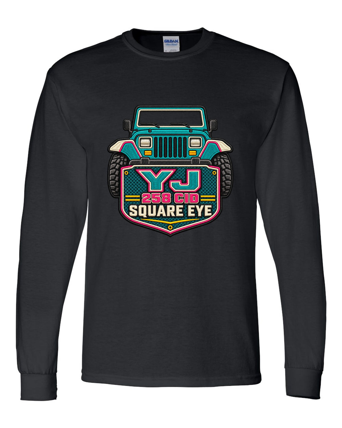 Embroidery-style varsity crest print of a Jeep Wrangler YJ with square eye text black long sleeve front view with the design