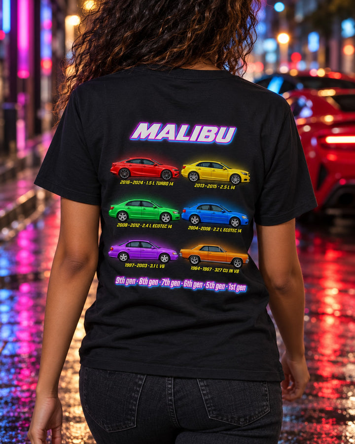 Chevy Malibu Evolution Poster Full-Back Graphic Tee T-Shirt Black worn hero