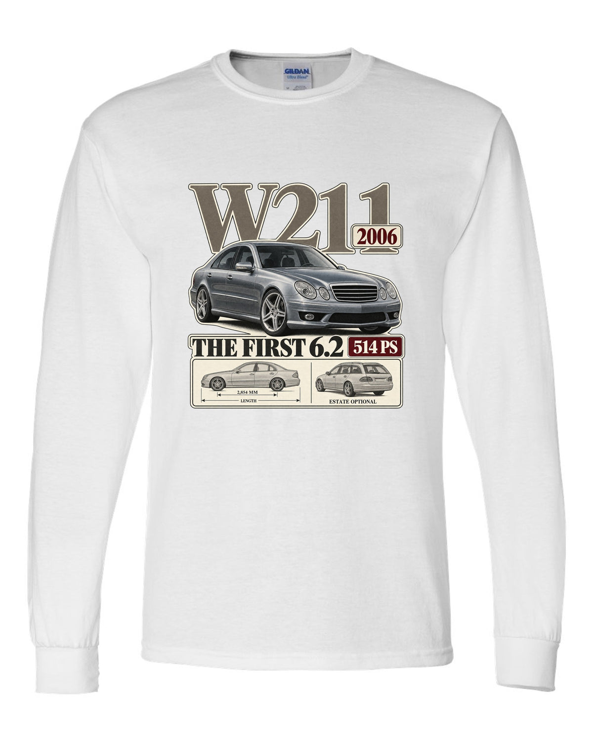 Archive panel print of a silver Mercedes-AMG E63 W211 sedan white long sleeve front view with the design
