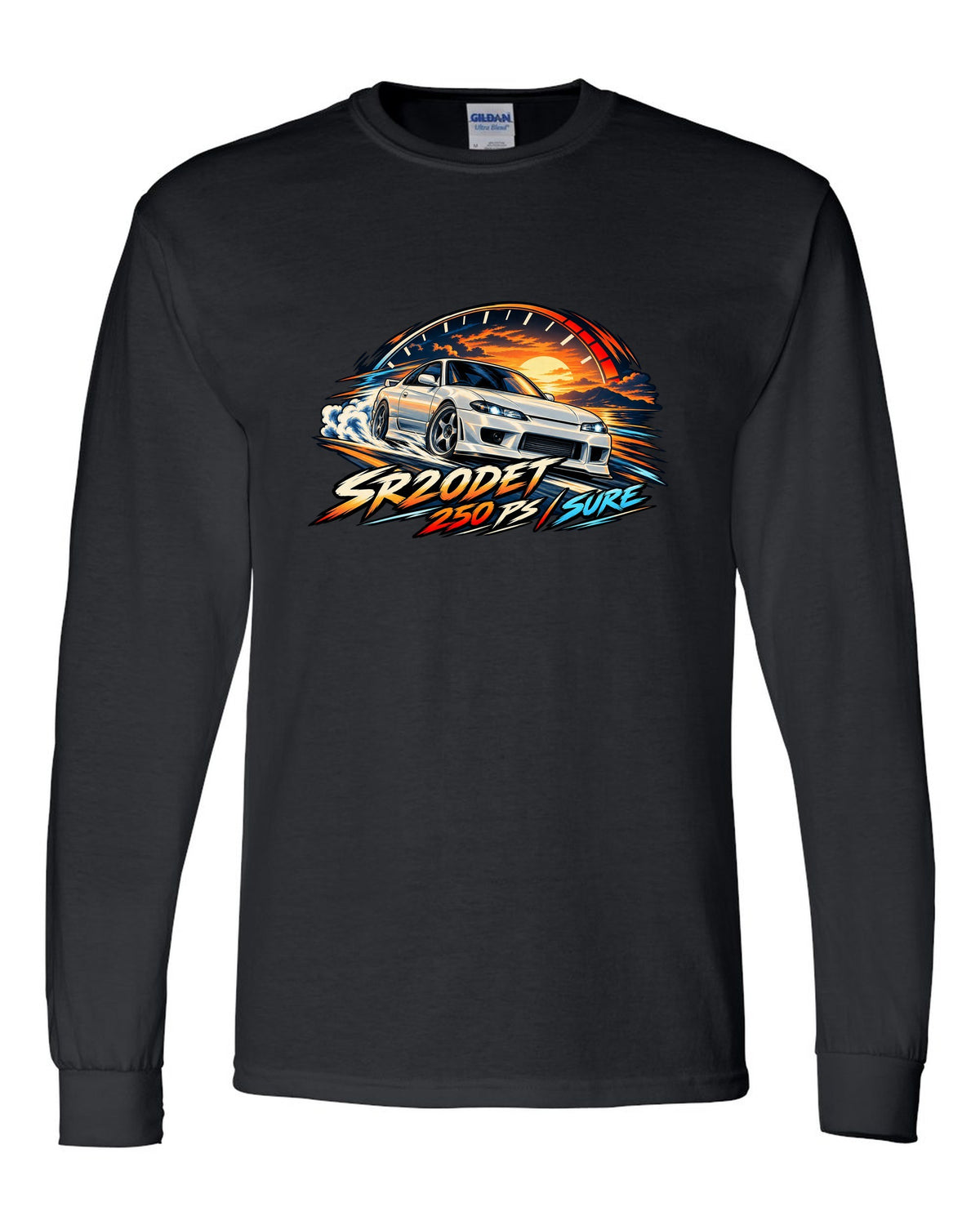 Cel-shaded anime print of a Nissan Silvia S15 with redline arc and SR20DET 250 PS text black long sleeve front view with the design
