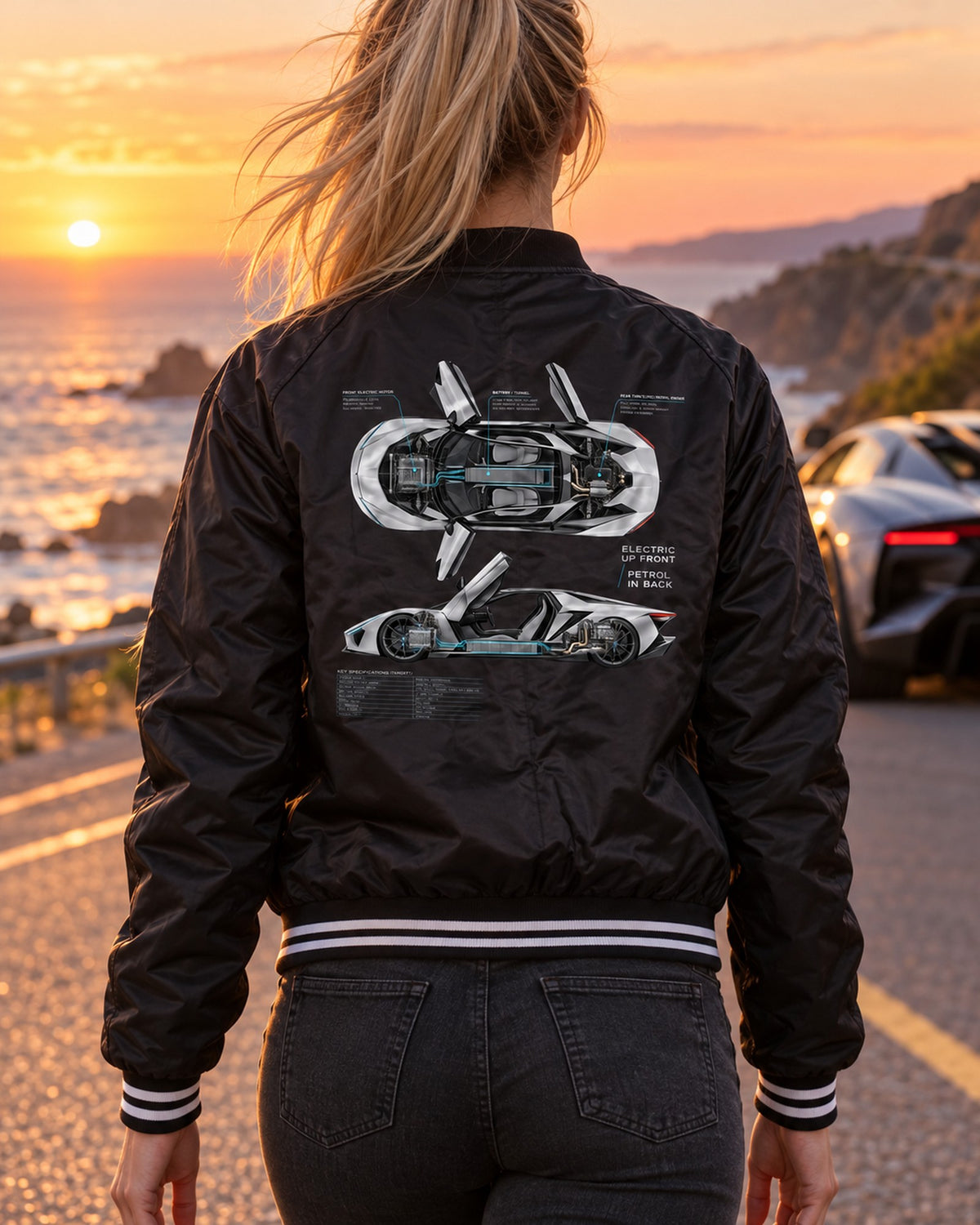 BMW i8 I12 Spec Poster Shirt, Electric Front Petrol Rear Bomber Jacket Black worn hero
