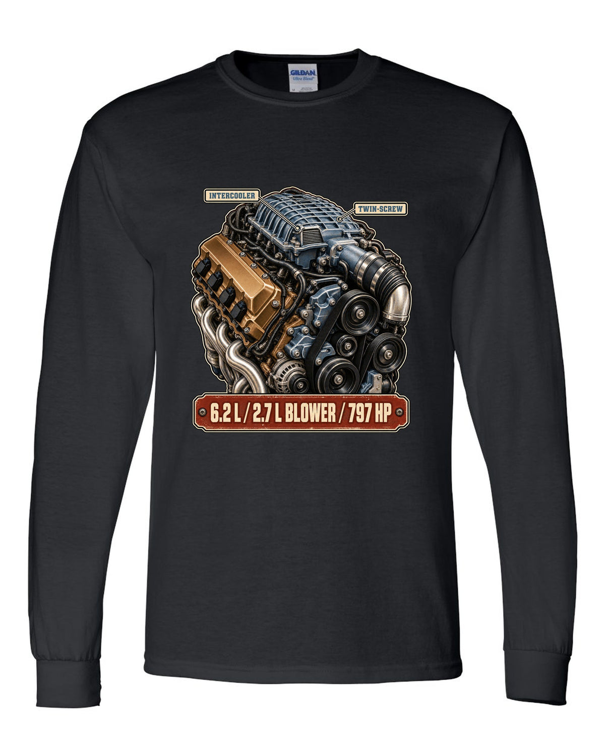 print of the supercharged 6.2L V8 from a Dodge Charger SRT Hellcat Redeye black long sleeve front view with the design