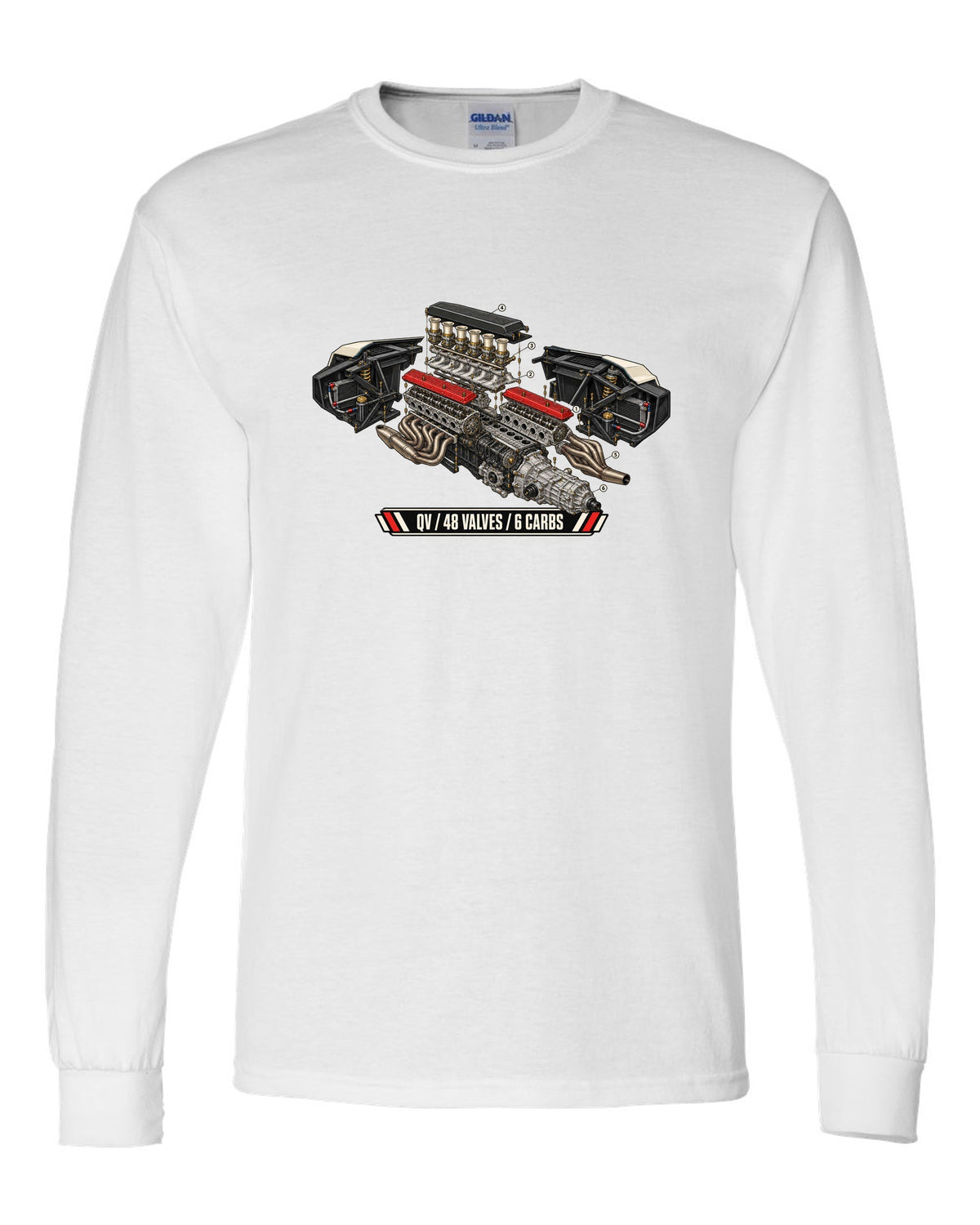 Exploded engine cutaway of a 1985 Lamborghini Countach LP5000 QV with 48 valves and 6 carbs lettering white long sleeve front view with the design