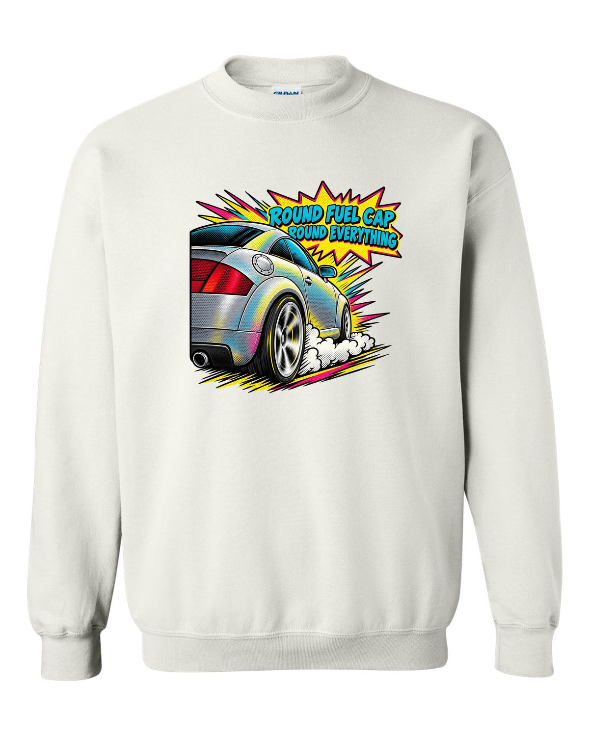 Comic halftone pop-art print of an Audi TT 8N with Round Fuel Cap text white crewneck front view with the design