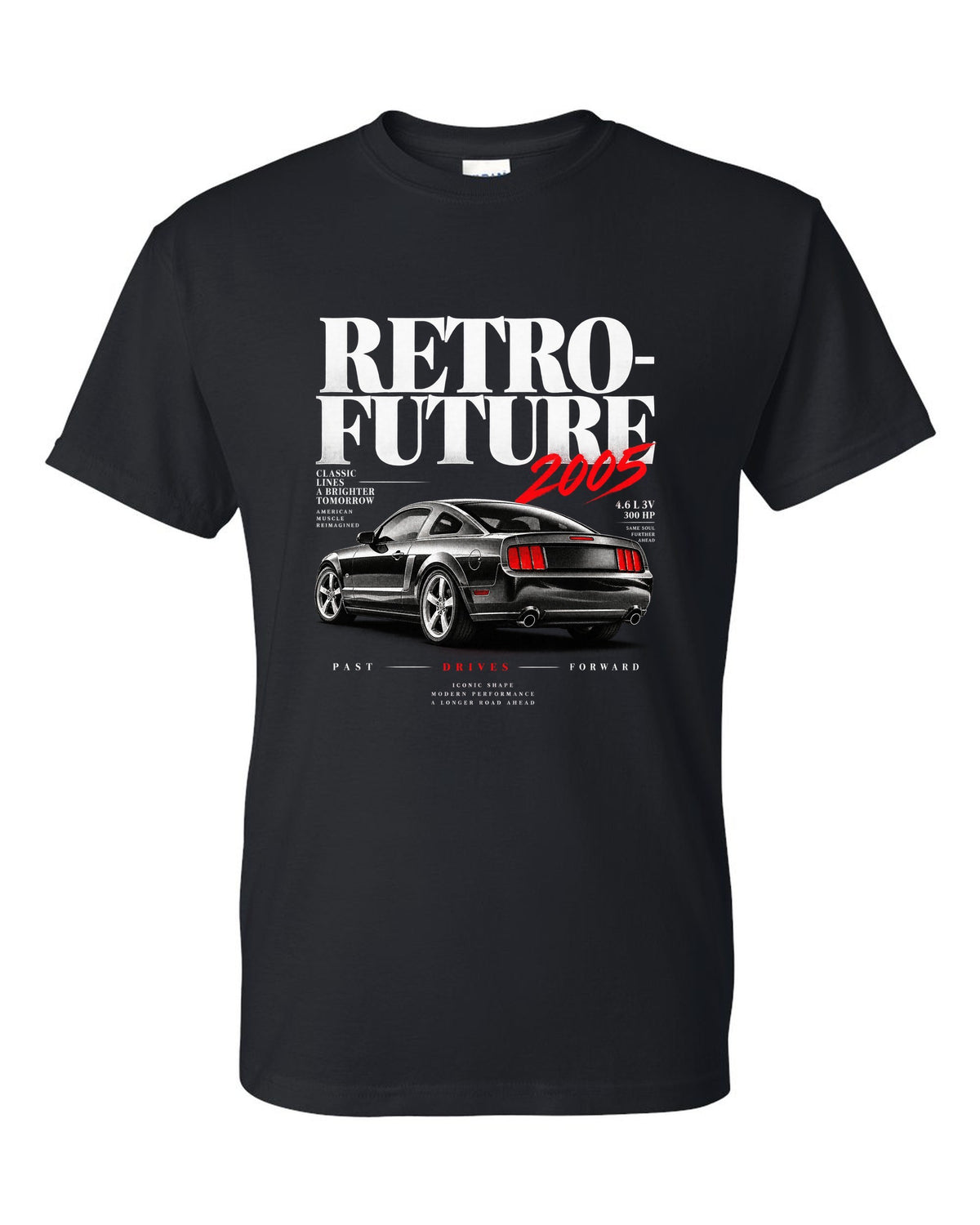 Editorial headline print of a 2005-09 Ford Mustang S197 GT black t-shirt front view with the design