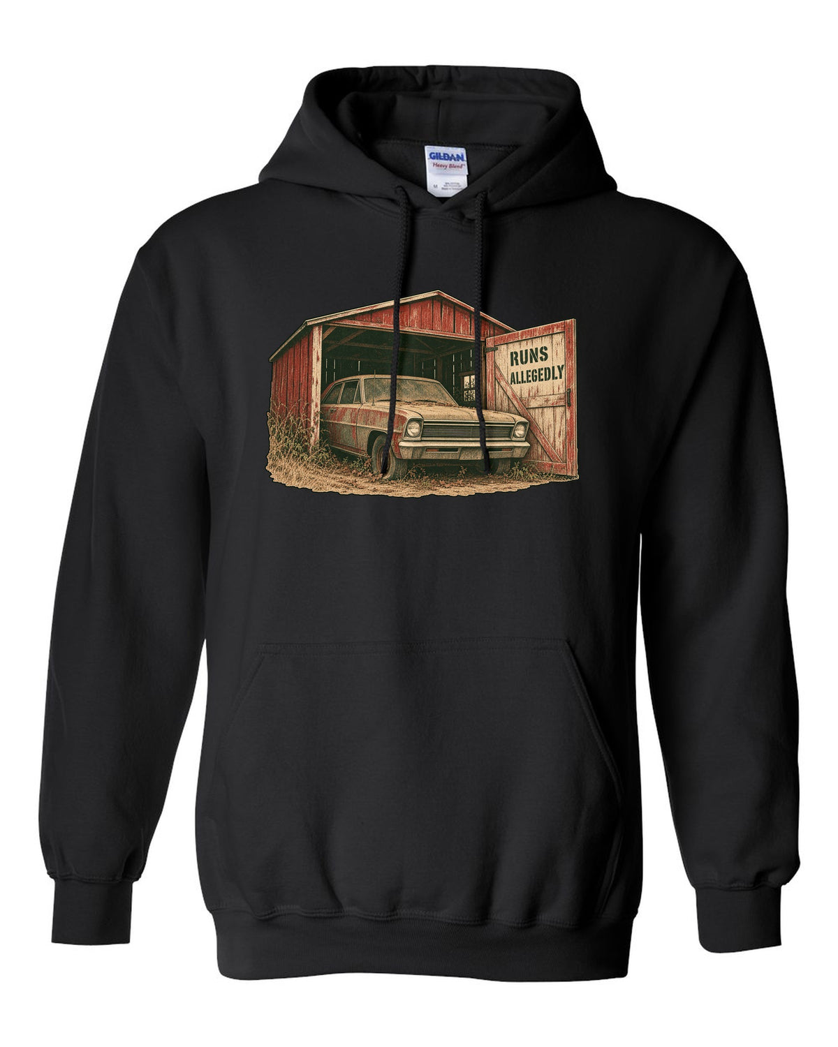 1966 Chevy II Nova in a grainy two-colour risograph barn find design with the text Runs Allegedly black pull over hoodie front view with the design