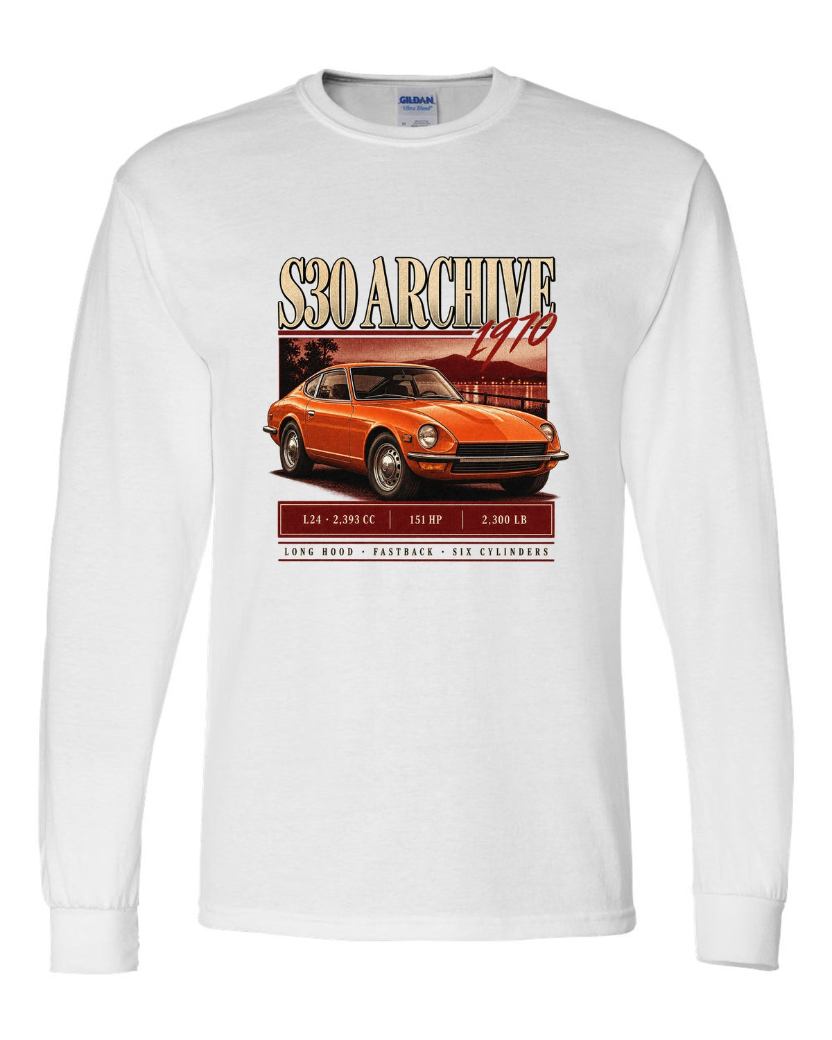 Archive panel print of a 1970 Datsun 240Z S30 with L24 engine figures white long sleeve front view with the design