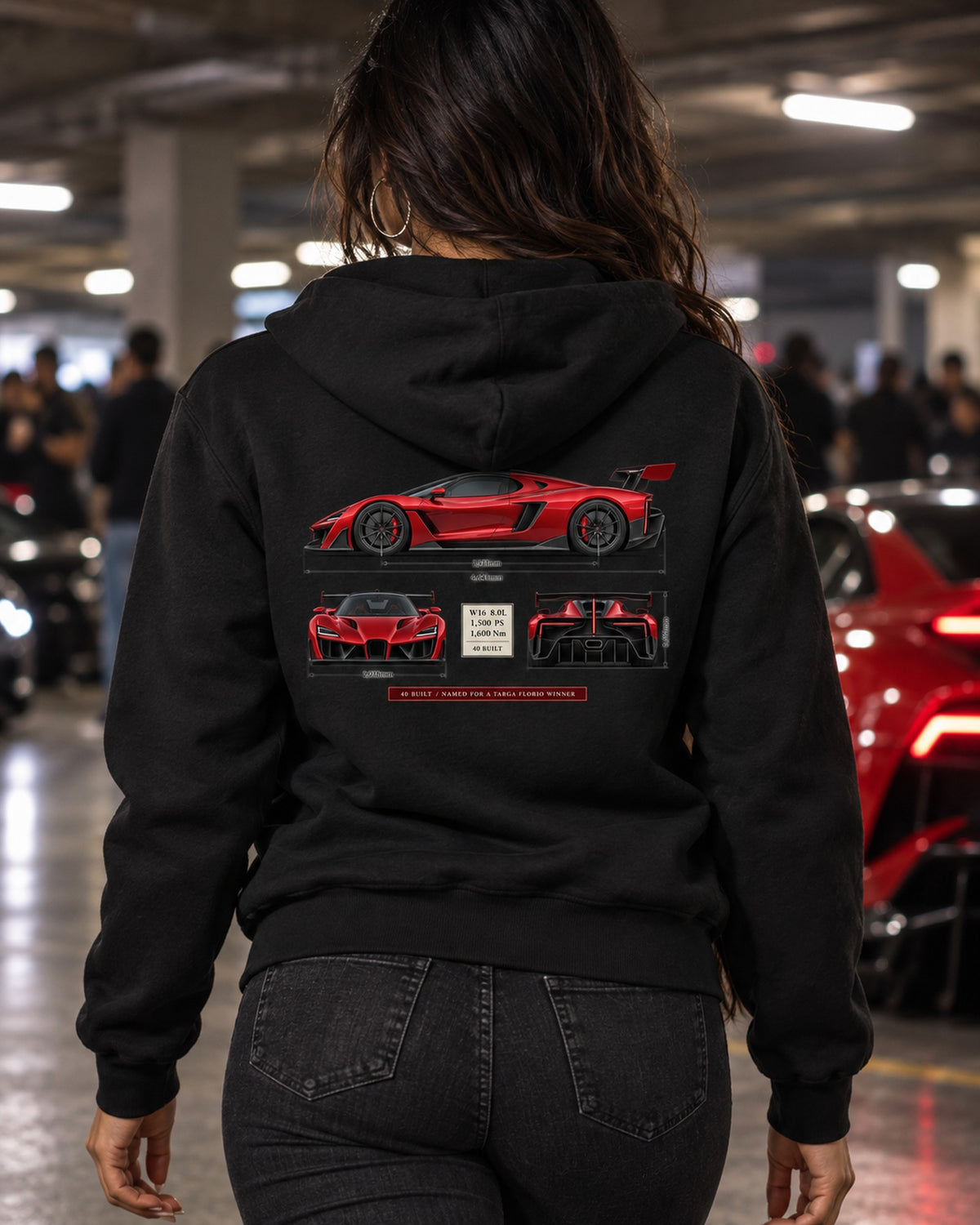 Bugatti Divo 2019 Three-View Spec Table Tee, 40 Built Zip Hoodie Black worn hero