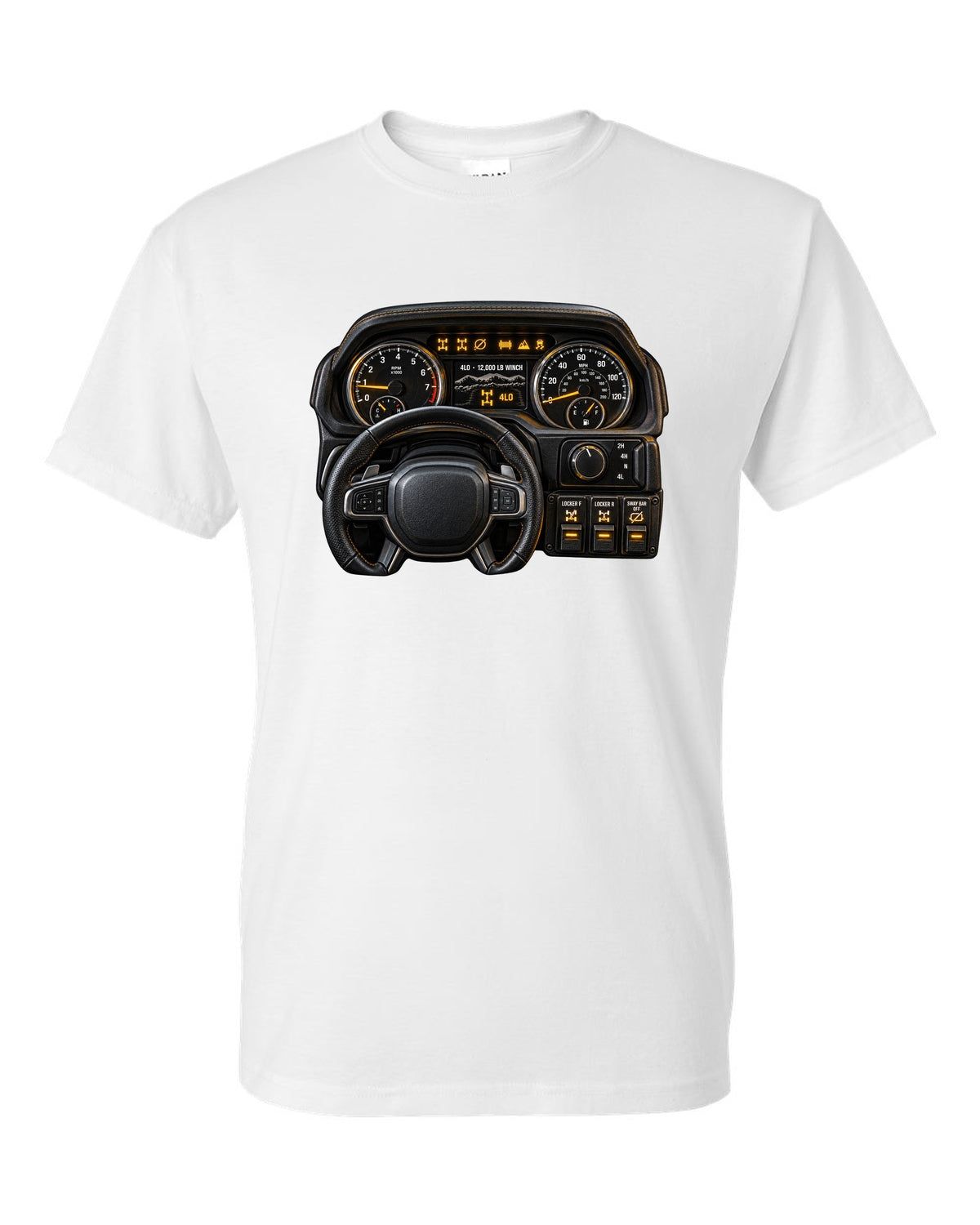 Cockpit gauge print of a Ram 2500 Power Wagon showing locker and sway bar readouts white t-shirt front view with the design