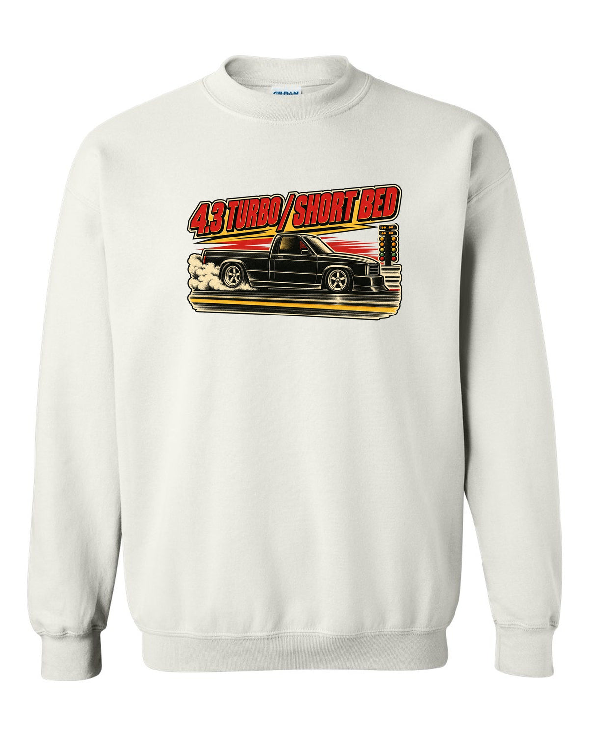 1960s lithograph drag race poster featuring a 1991 GMC Syclone with 4.3 TURBO / SHORT BED text white crewneck front view with the design