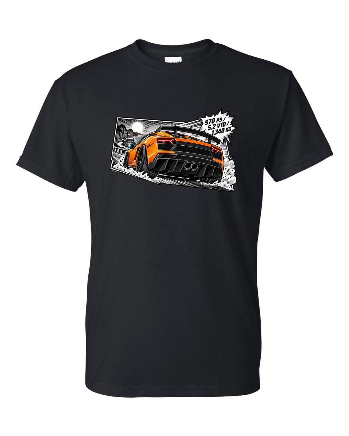 Retro manga halftone panel of a Lamborghini Gallardo LP570-4 Superleggera with spec text black t-shirt front view with the design