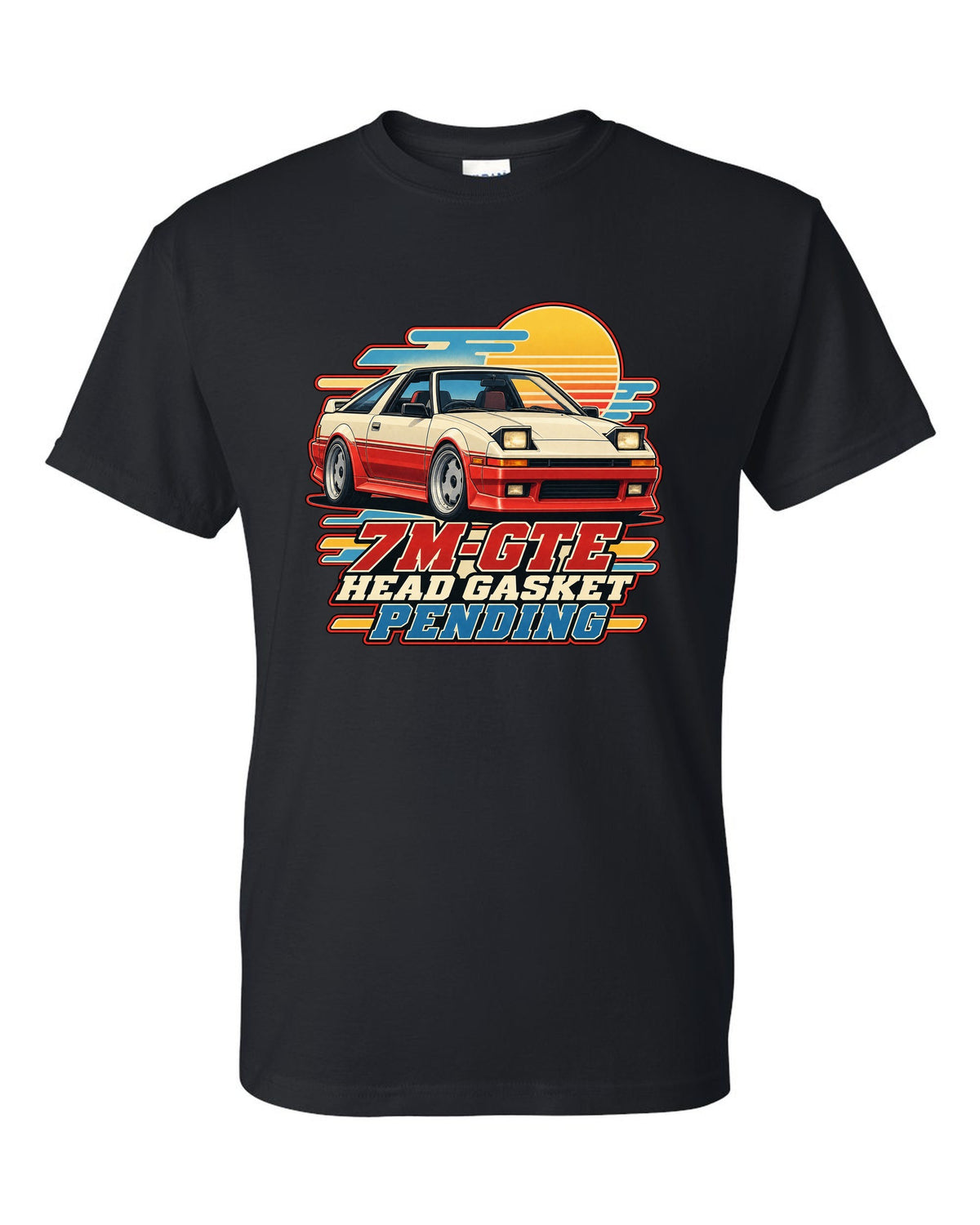 Toyota Supra A70 with pop-up headlights half open in a retro Showa brochure illustration black t-shirt front view with the design