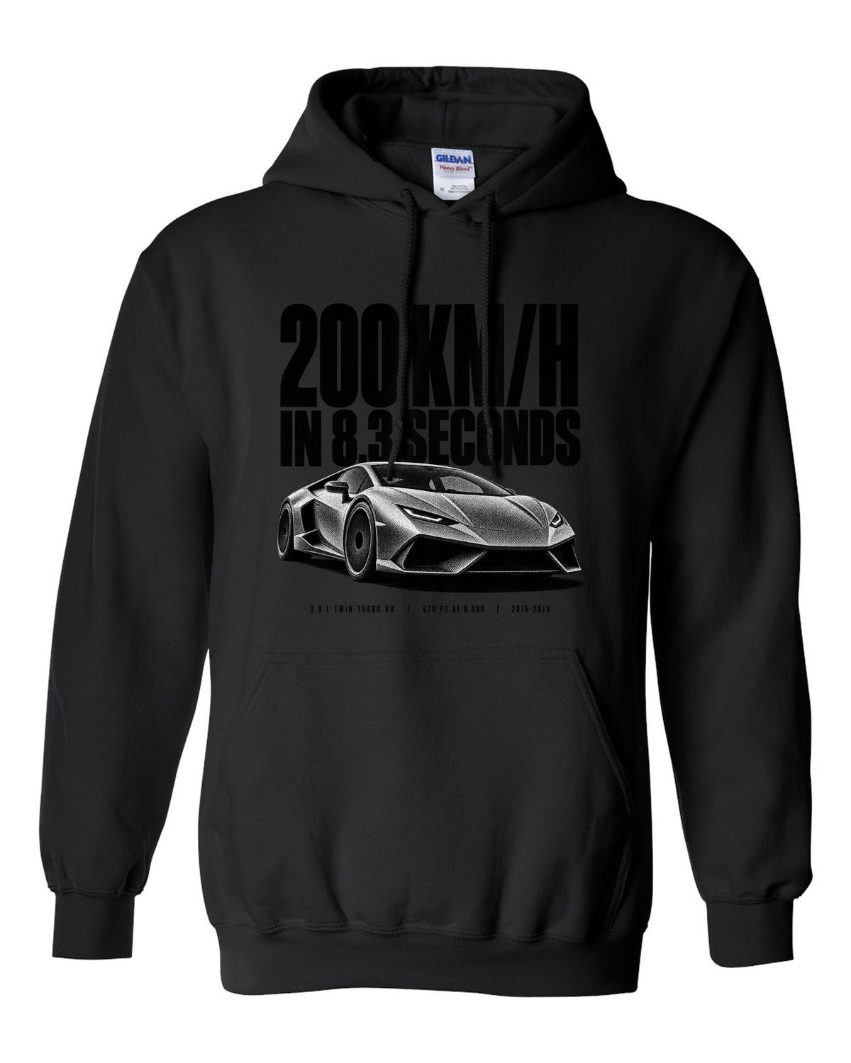 Halftone print of a Ferrari 488 GTB front three-quarter with the text 200 km/h in 8.3 seconds black pull over hoodie front view with the design