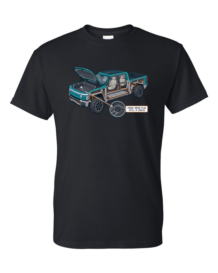 Ford F-150 Lightning isometric cutaway print showing the frunk drain plug black t-shirt front view with the design
