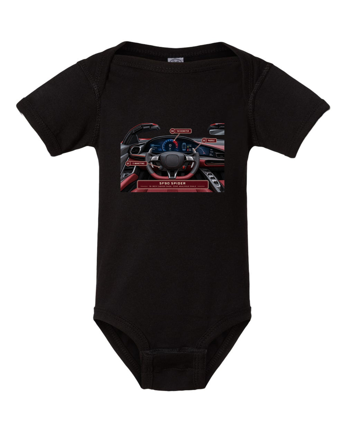 Ferrari SF90 Spider cockpit gauge print with 16-inch curved dash text black baby onesie front view with the design