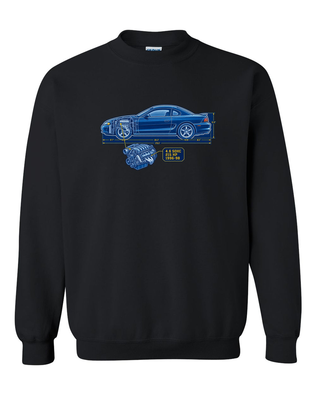 Cyanotype blueprint print of a 1994-98 Ford Mustang SN95 coupe black crewneck front view with the design
