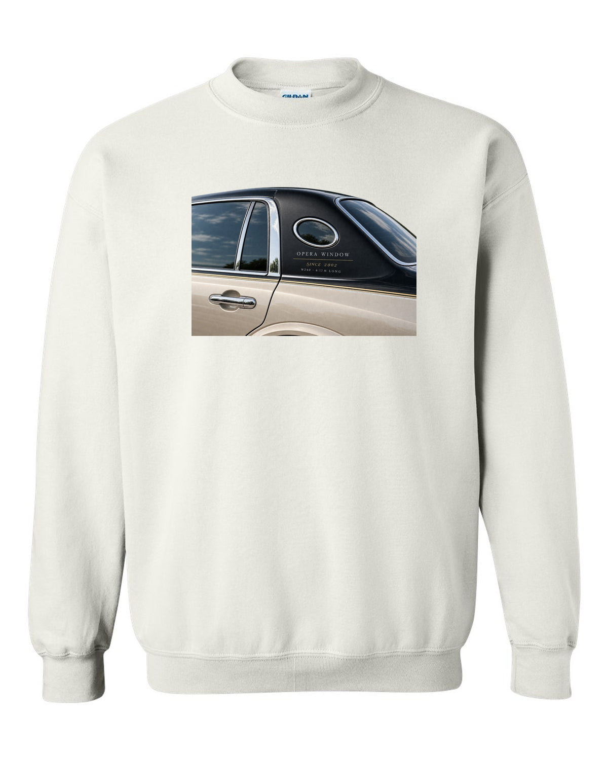 Detail macro print of a Maybach 62 W240 opera window with Since 2002 lettering white crewneck front view with the design
