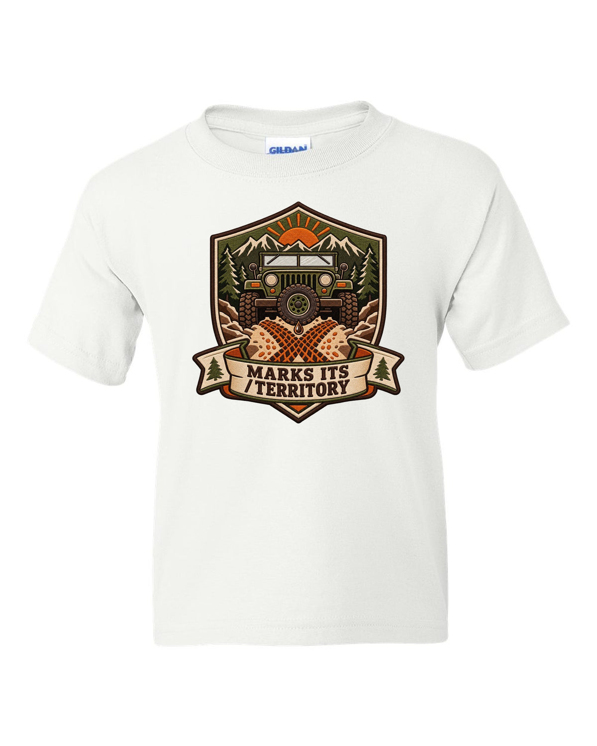 Expedition badge crest of a Toyota Land Cruiser FJ40 with the words Marks Its Territory white kids tee front view with the design
