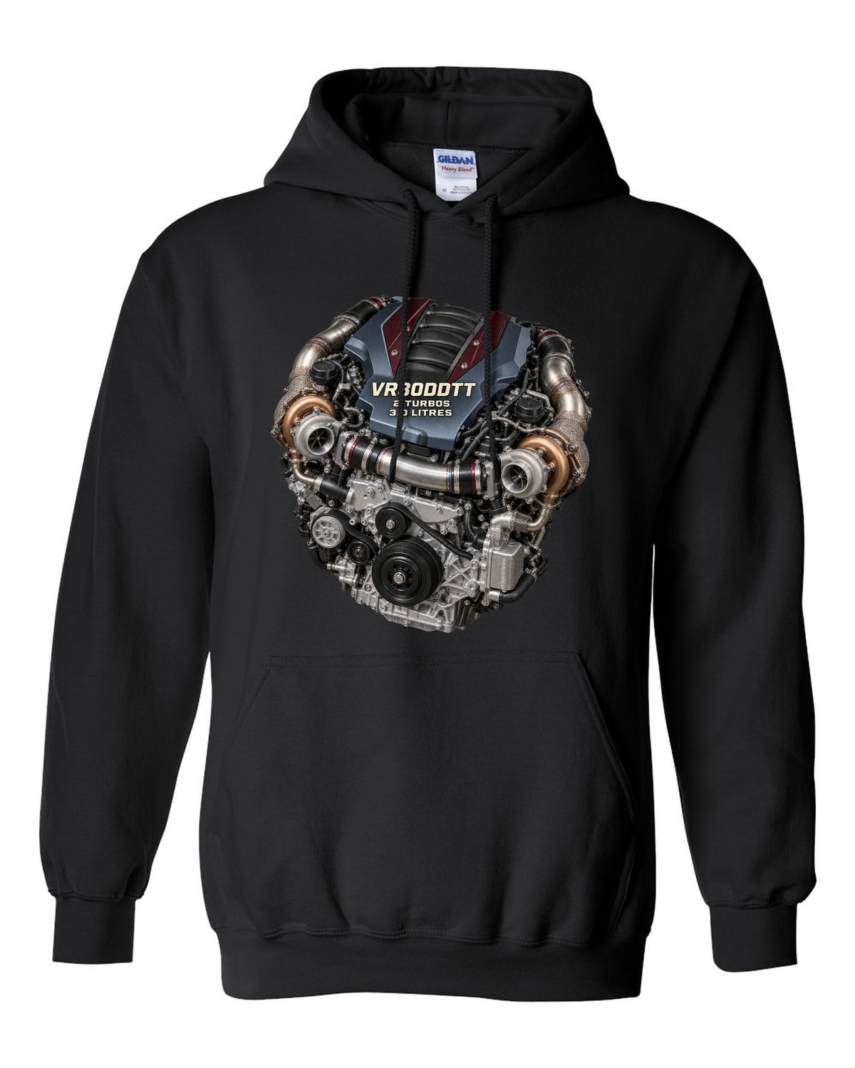 Hero image of a Nissan VR30DDTT twin-turbo V6 engine from the RZ34 Z black pull over hoodie front view with the design
