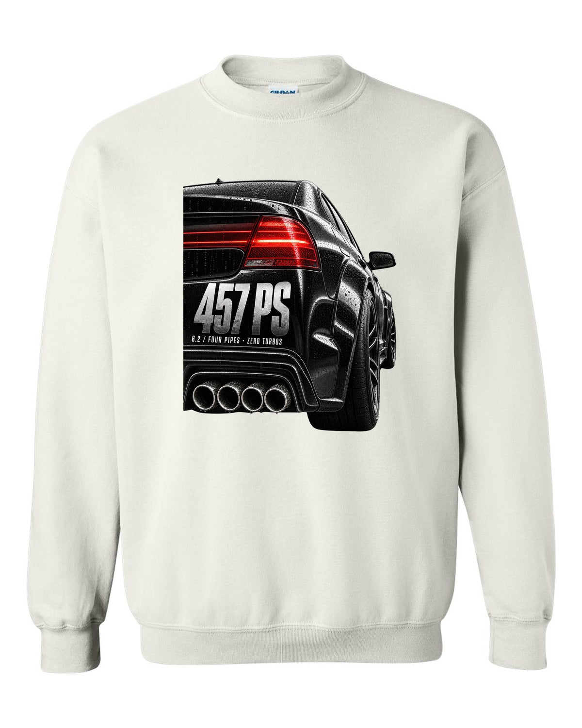 print taillight close-up of a Mercedes W204 C63 sedan with text 457 PS, 6.2, four pipes, zero turbos white crewneck front view with the design