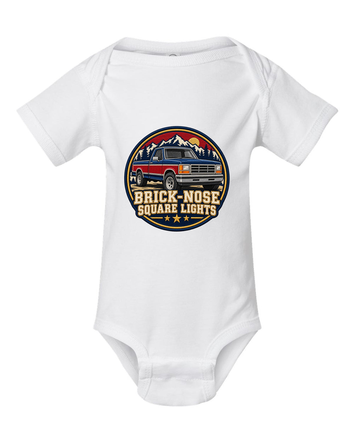 Shield crest print for a 1987-91 Ford F-150 Brick-Nose with square lights text white baby onesie front view with the design